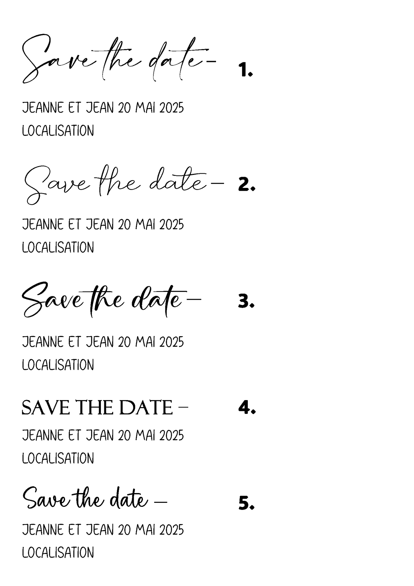 photo des cinq polices d'écriture magnet mariage
