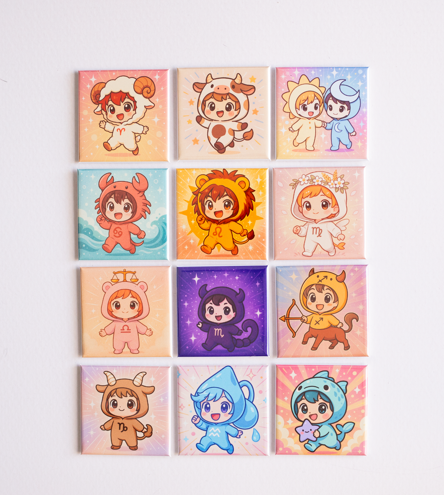 photo de la collection complete des magnets carré rigide illustrés 12 signe astrologique en chibi costume
