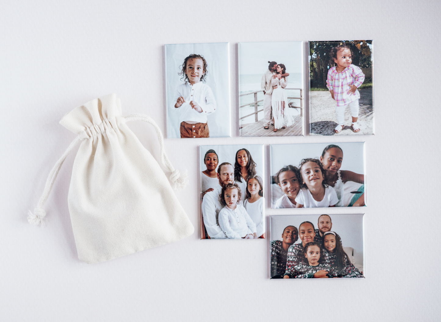 photo magnet pack 6 magnets rectangle rigides + pochette tissu