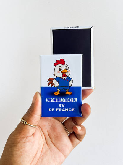 photo du magnet rectangle illustré rugby équipe de france: coq + texte recto verso