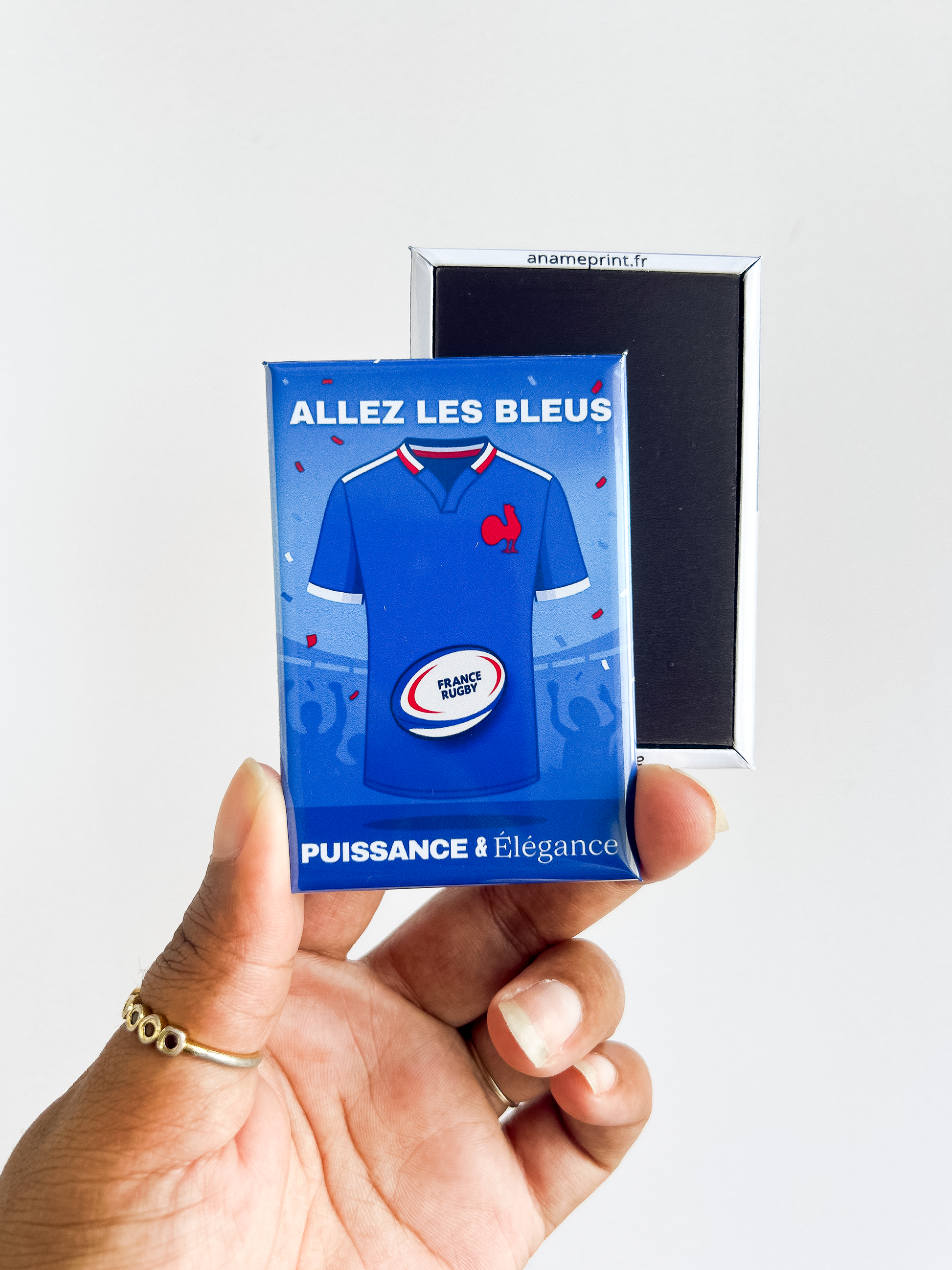 photo du magnet rectangle illustré rugby équipe de france: maillot + texte recto verso