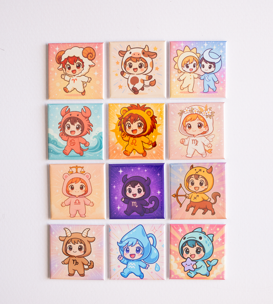photo de la collection complete des magnets carré rigide illustrés 12 signe astrologique en chibi costume