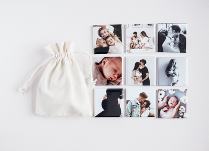 photo du lot de 9 magnets carrés rigides posés + pochette tissu