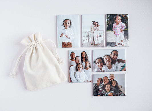 photo magnet pack 6 magnets rectangle rigides + pochette tissu